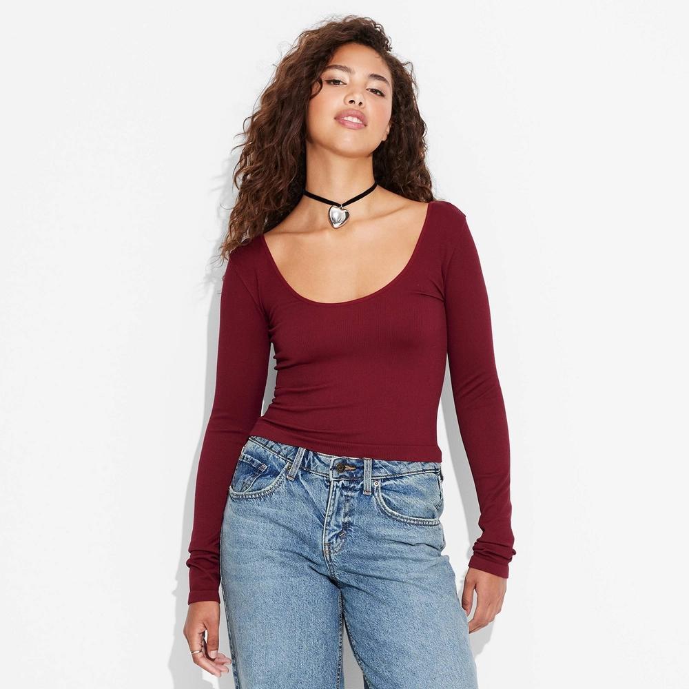 Women's Long Sleeve Seamless Double Scoop Neck Top - Wild Fable™ Deep Red XL: Recycled Nylon, Spandex, Lightweight Pullover Product Image
