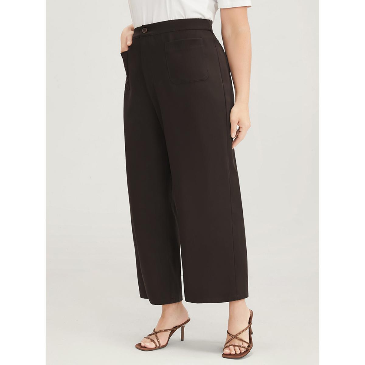 Plus Size Plain Pocket Front Wide Leg High Rise Pants Women DarkBrown Office Wide Leg High Rise Work Pants BloomChic 18-20/2X Product Image