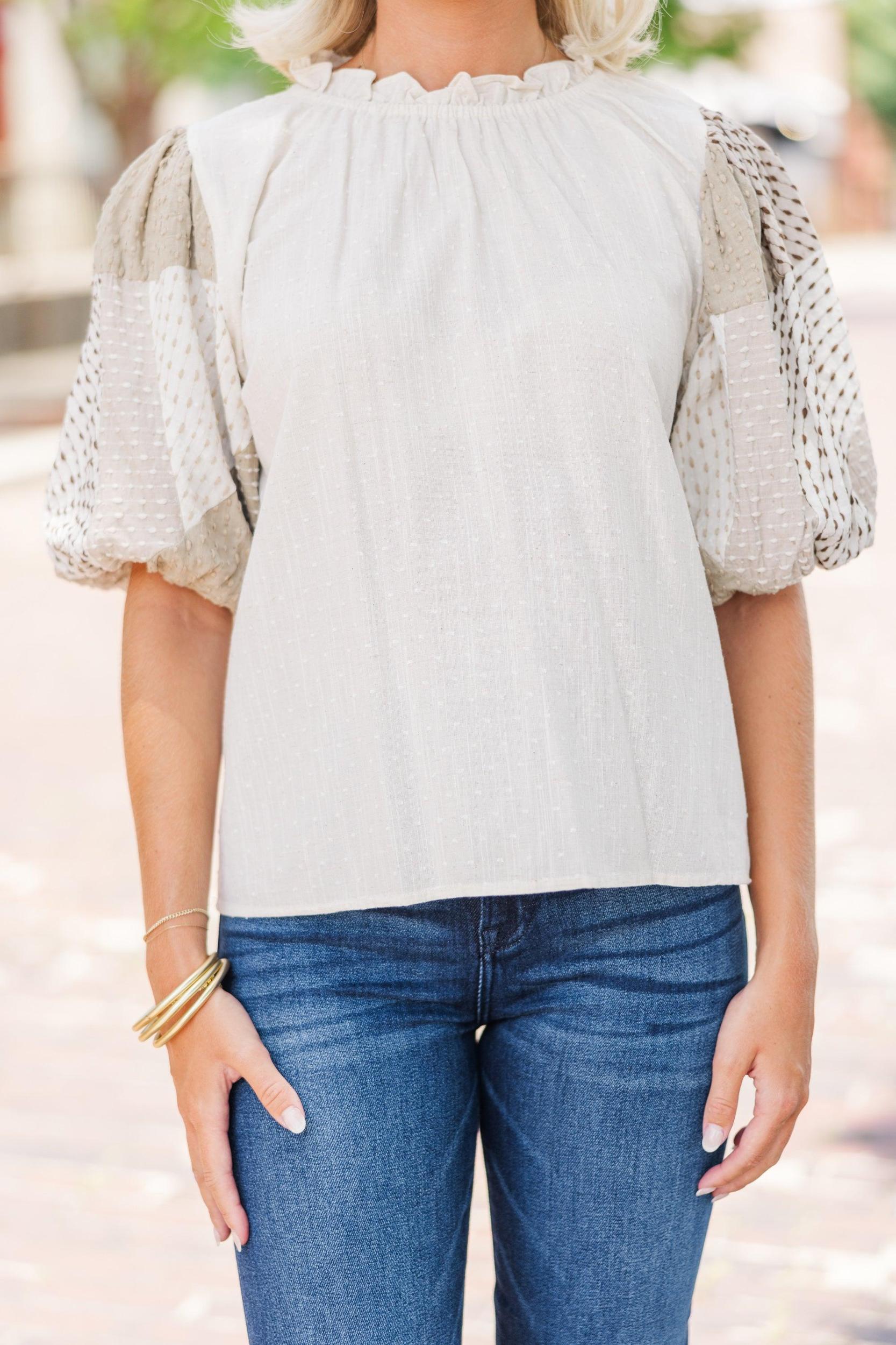 THML: Find Your Happiness Cream White Textured Blouse Female Product Image