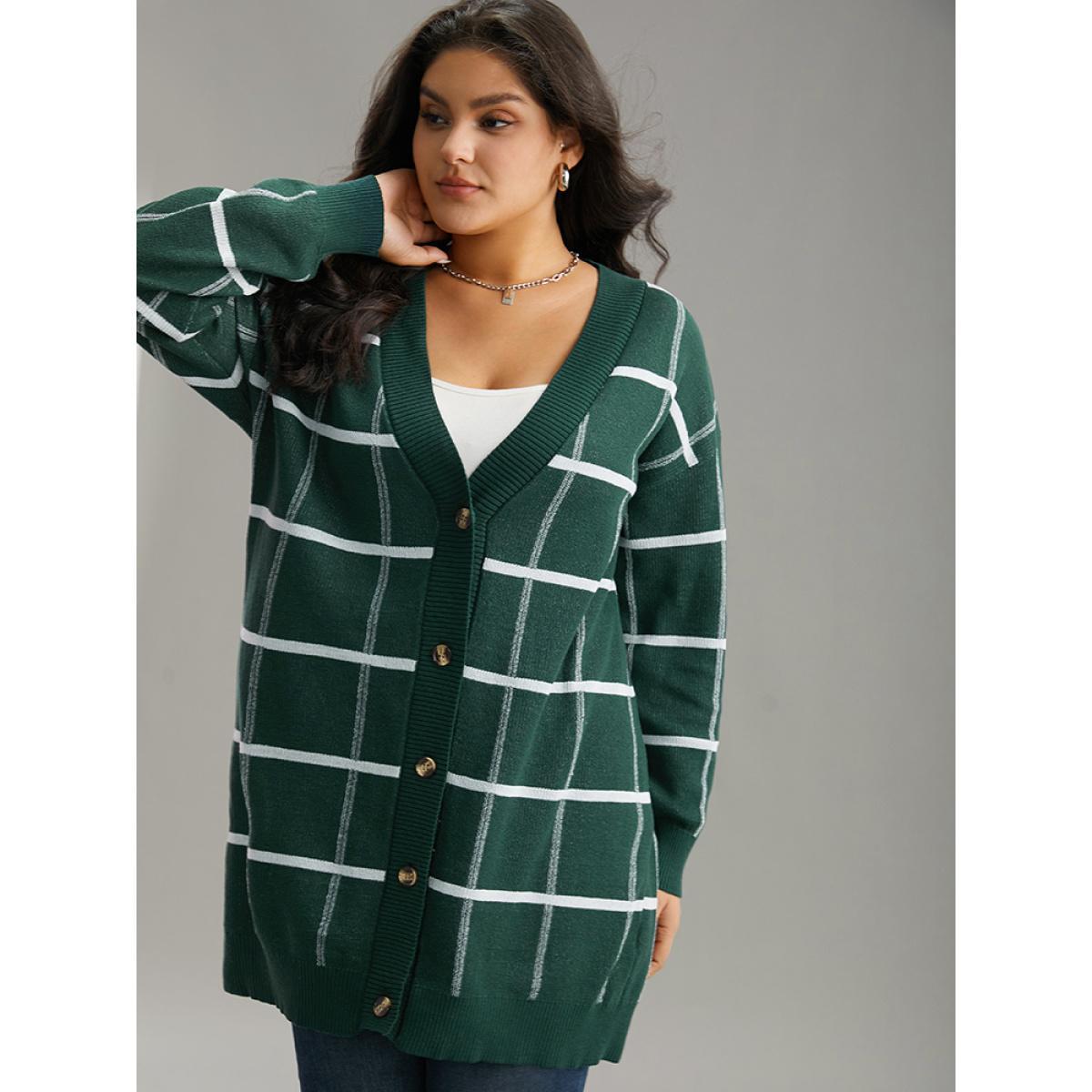 Plus Size Plaid Striped Button Through Cardigan DarkGreen Women Casual Loose Long Sleeve Everyday Cardigans BloomChic 14-16/1X Product Image
