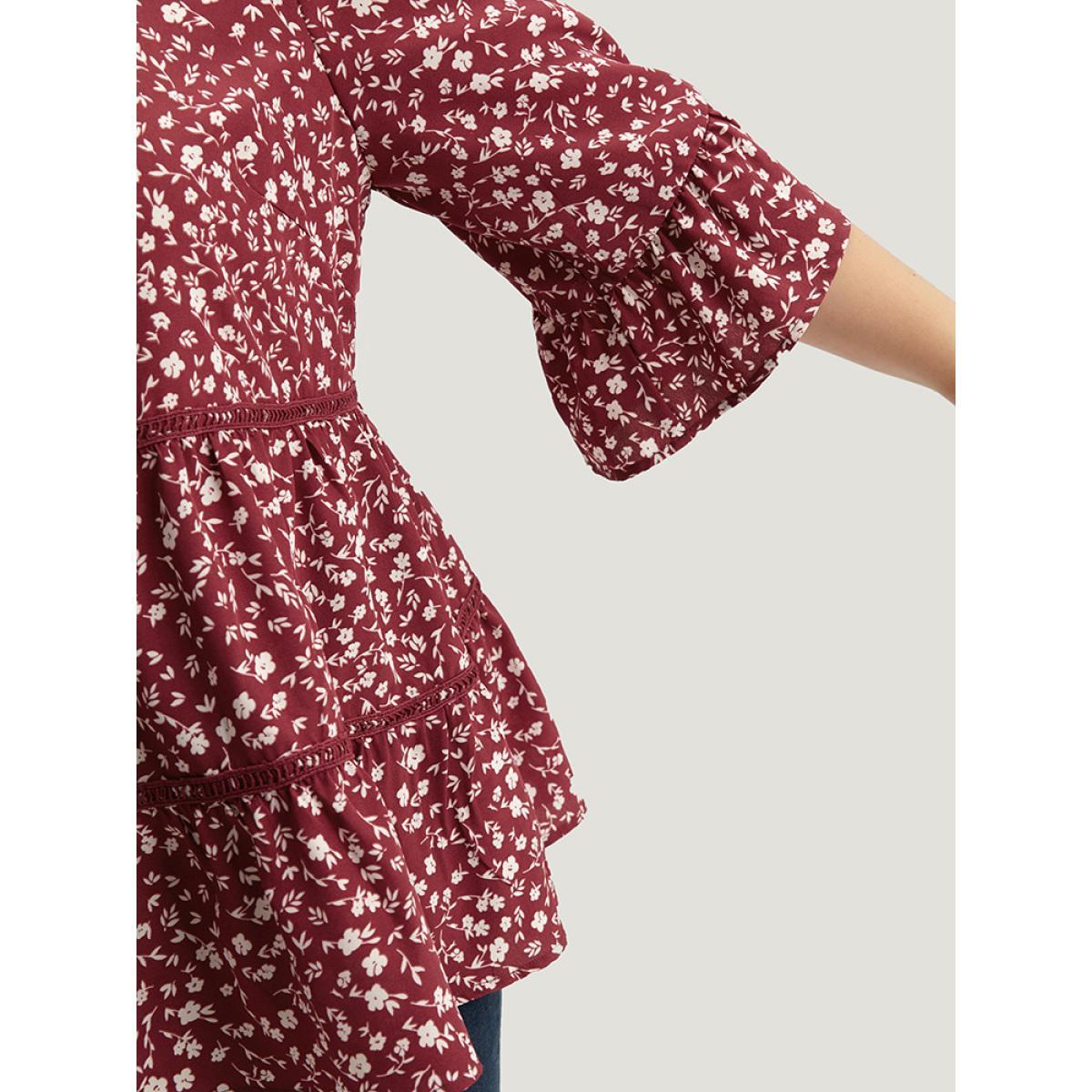 Plus Size Burgundy Silhouette Floral Print Lace Patchwork Square Neck Flutters Blouse Women Elegant Elbow-length sleeve Square Neck Dailywear Blouses BloomChic 10/M Product Image