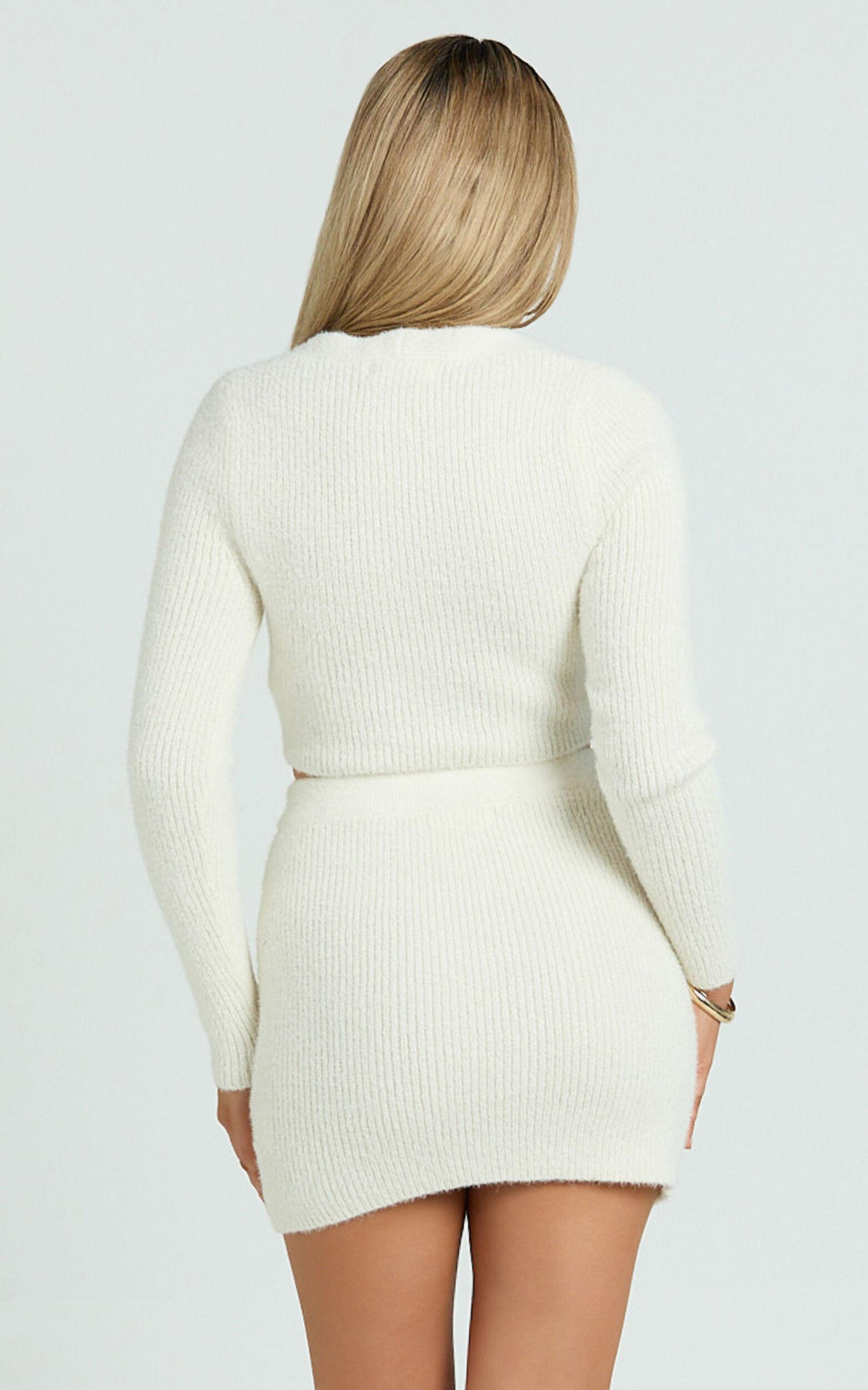 Oliver Two Piece Set - Long Sleeve Fluffy Knit Button Down Crop Top And Mini Skirt Set in Cream Product Image