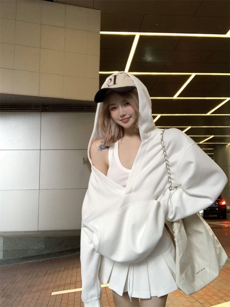 Loose Fit Plain Hoodie / Mini Pleated Skirt / Tank Top Product Image