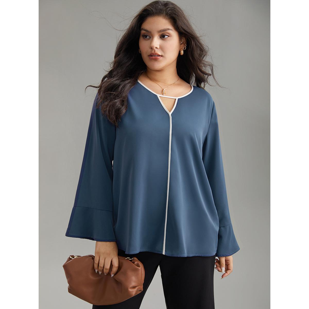 Plus Size Indigo Two Tone Keyhole Bell Sleeve Blouse Women Office Long Sleeve Keyhole Cut-Out Work Blouses BloomChic 10/M Product Image