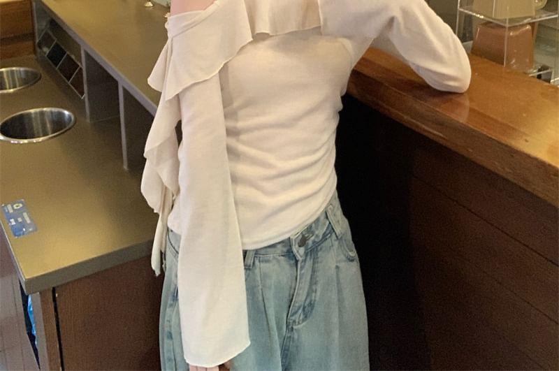 Long-Sleeve Cold Shoulder Ruffle Trim Knit Top Product Image