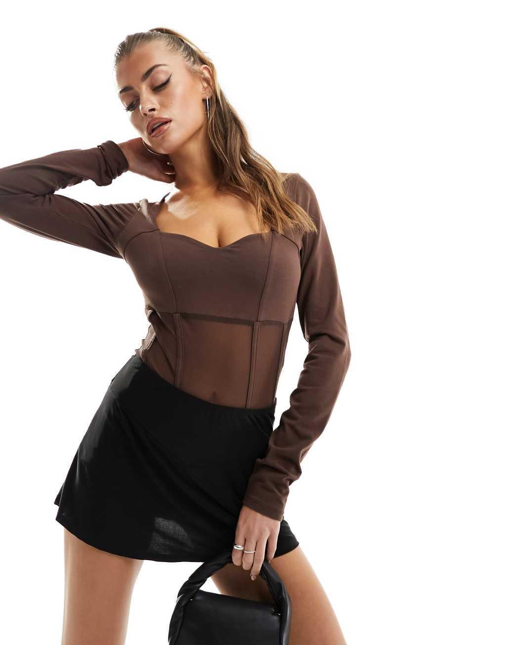 ASOS DESIGN corset style sweetheart neck mesh bodysuit Product Image