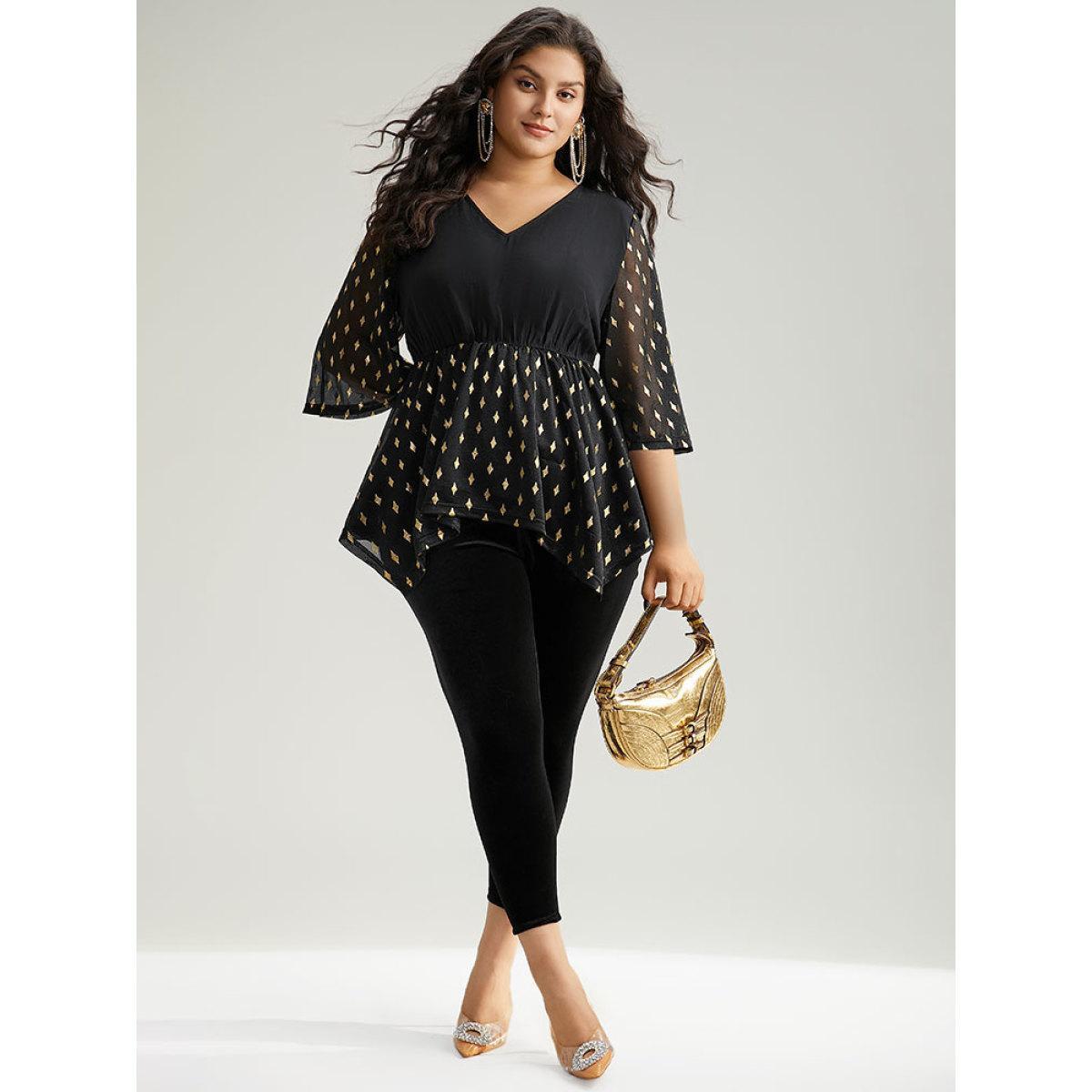 Plus Size Black Glitter Patchwork Mesh Hanky Hem Blouse Women Glamour Elbow-length sleeve V-neck Festival-Christmas Blouses BloomChic 28/5X Product Image