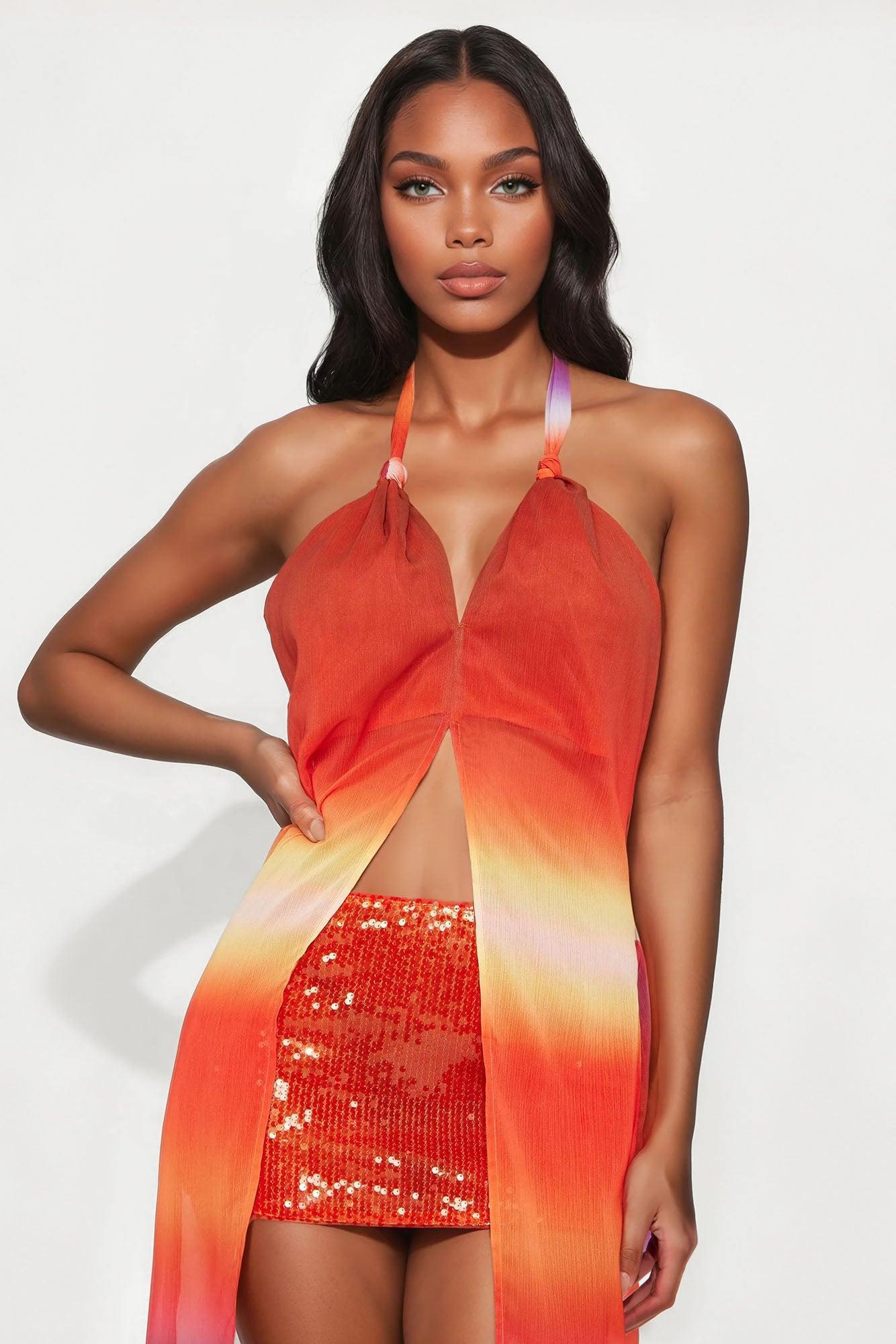 Chasing Sunset Chiffon Halter Top - Orange/combo Product Image