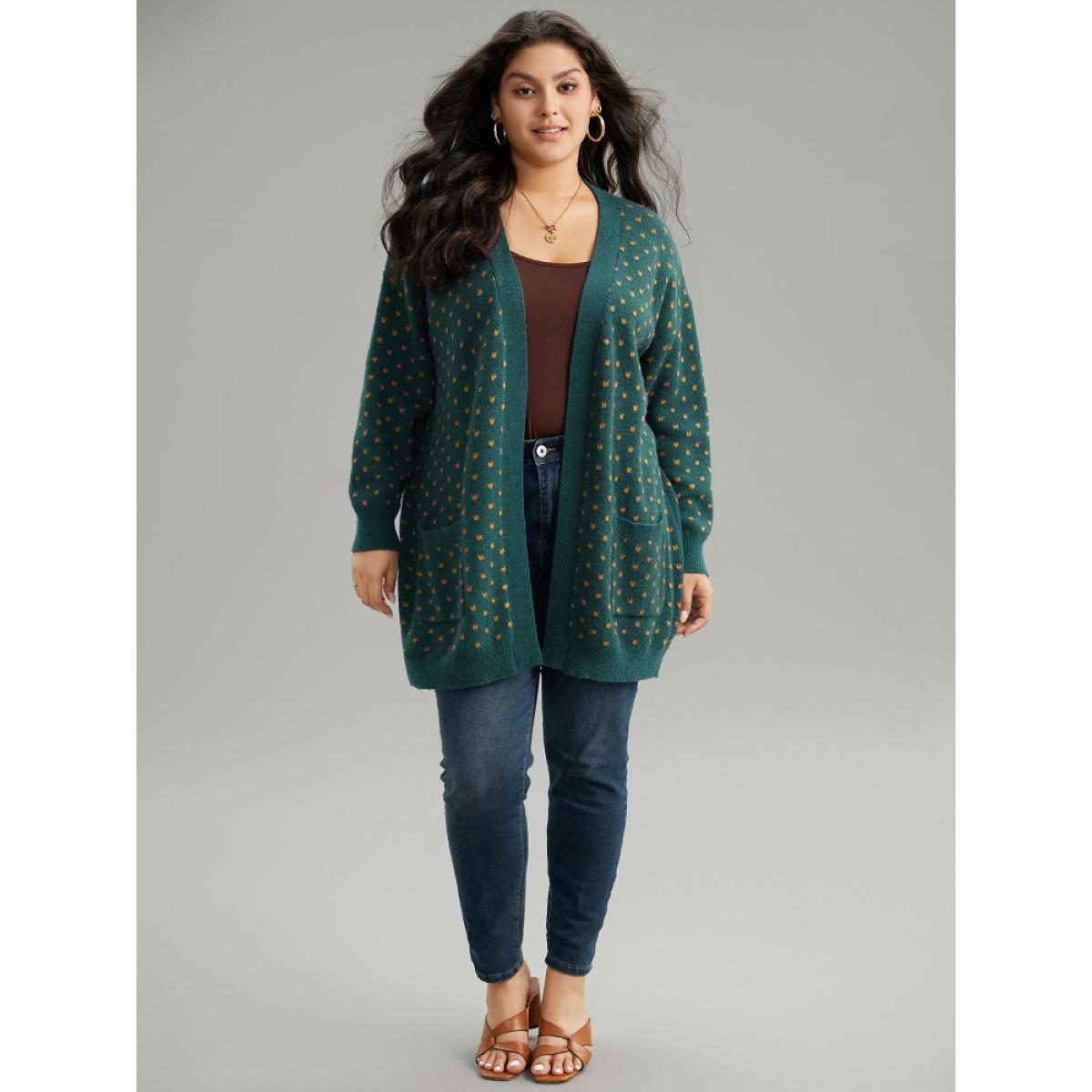 Plus Size Anti-Pilling Geometric Pocket Open Front Cardigan Cyan Women Casual Loose Long Sleeve Everyday Cardigans BloomChic 28/5X Product Image