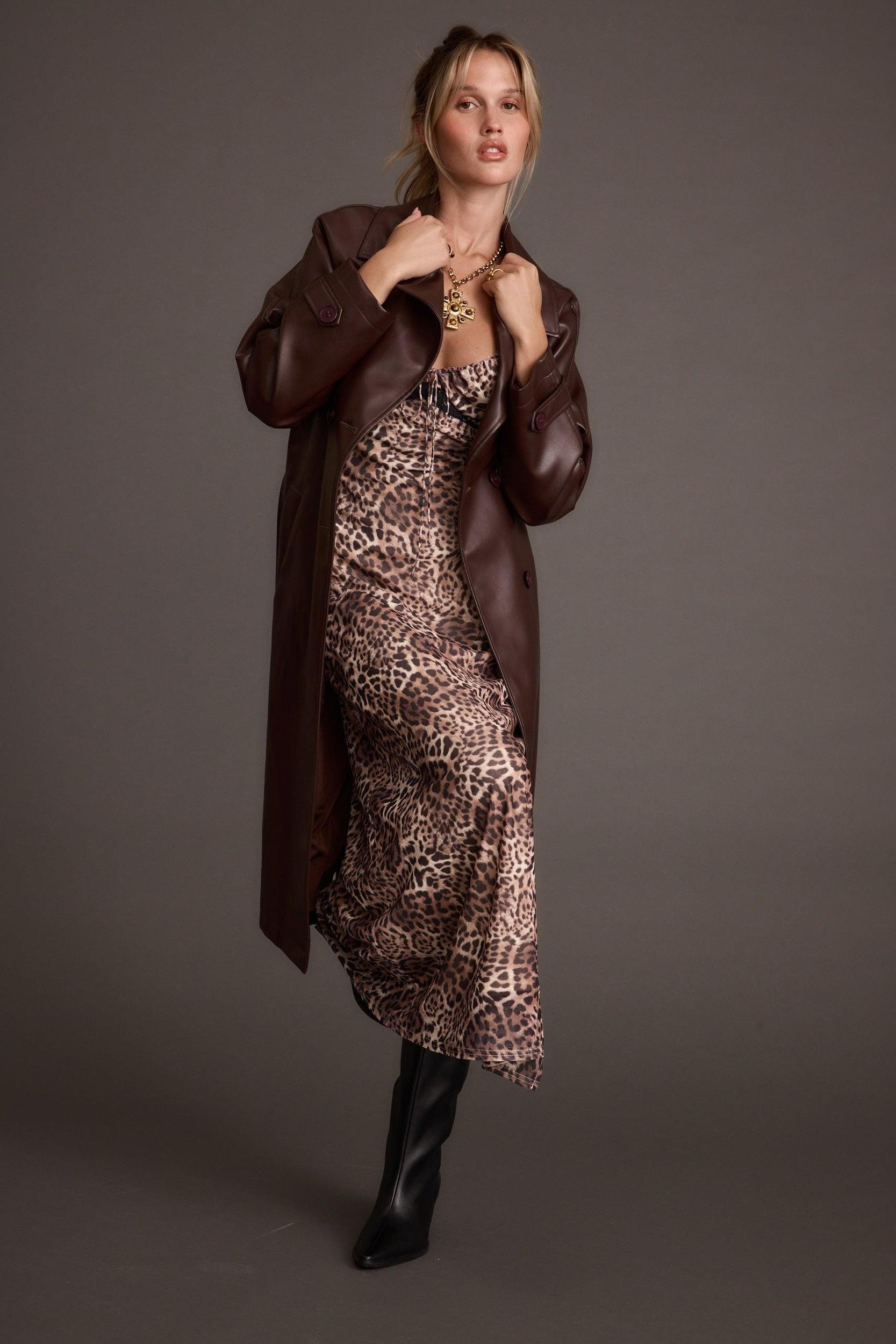 Brynne Faux Leather Mahogany Brown Trench Product Image
