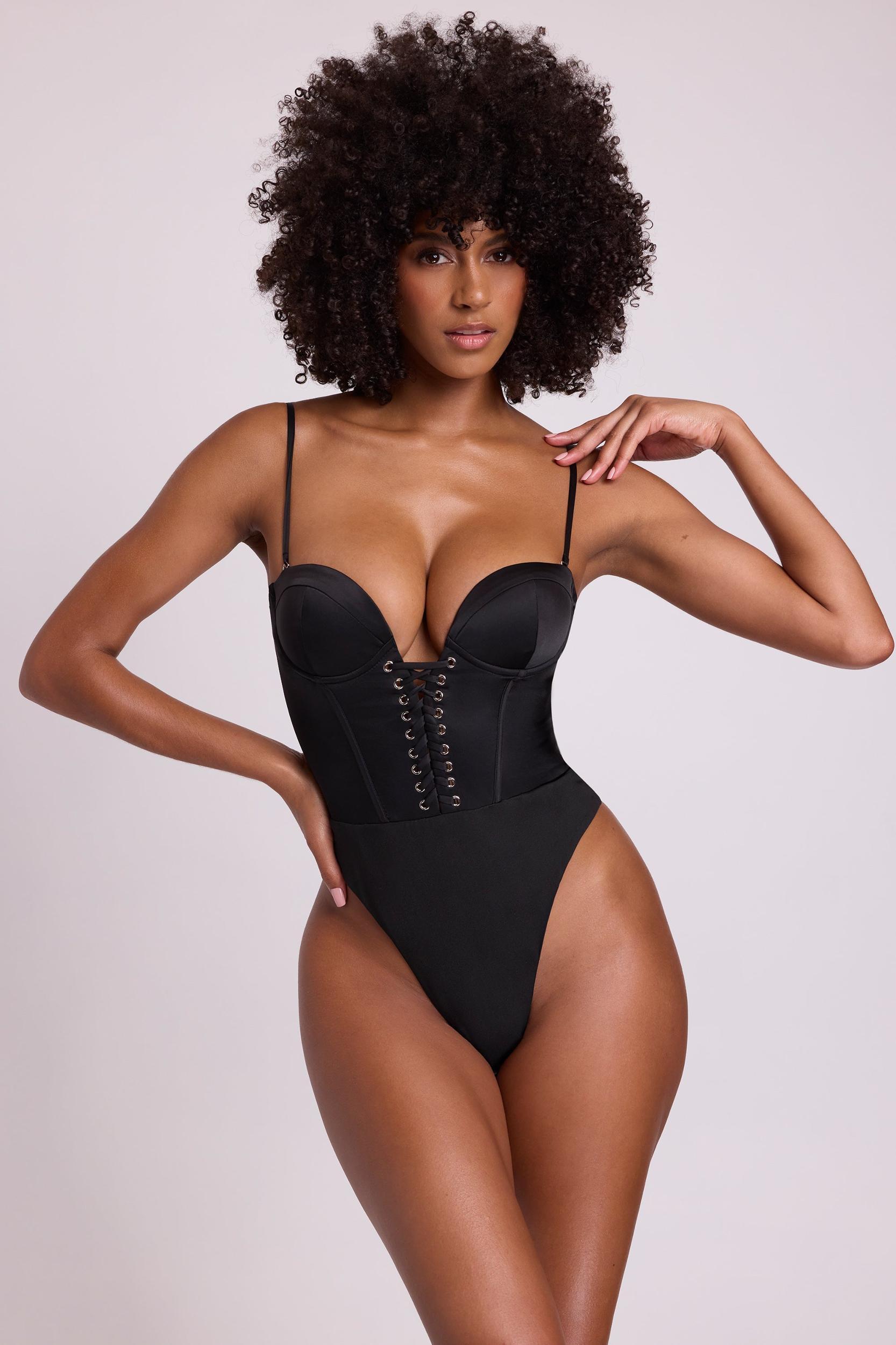 Satin Plunge Neck Lace Up Corset Bodysuit in Black Product Image