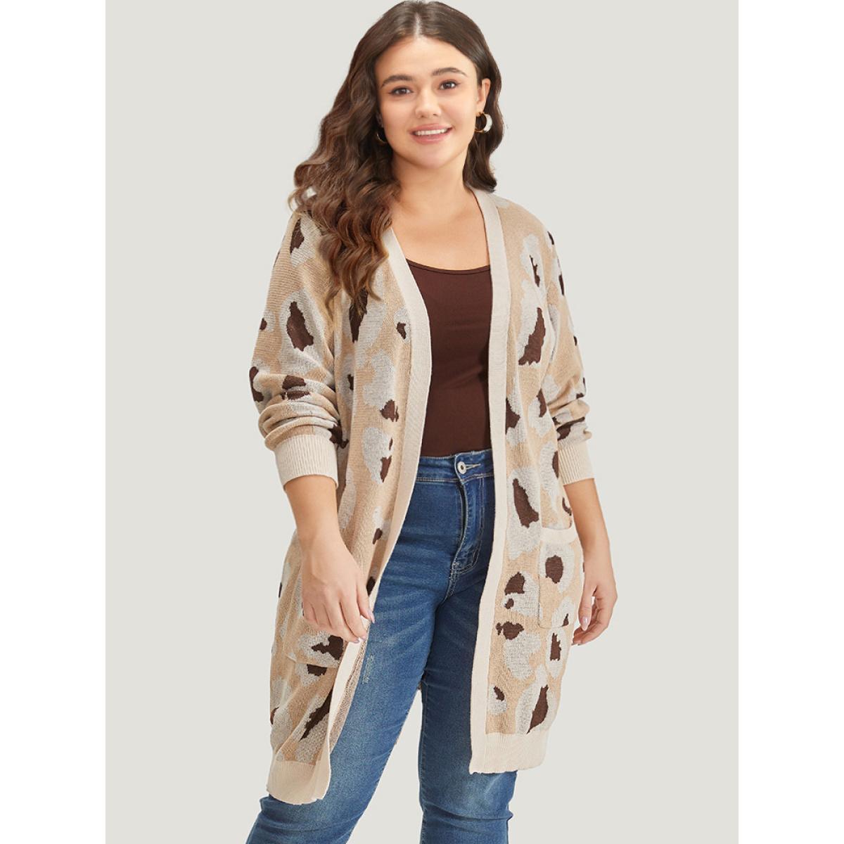 Plus Size Leopard Print Open Front Patched Pocket Cardigan Leopard Women Casual Loose Long Sleeve Dailywear Cardigans BloomChic 28/5X Product Image