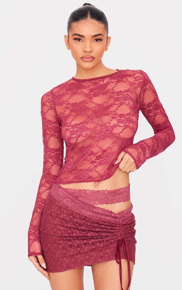 Burgundy Lace Ruched Detail Mini Skirt Product Image