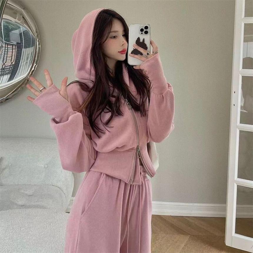 Set: Zip Hoodie + Drawstring Waist Wide Leg Sweatpants Product Image