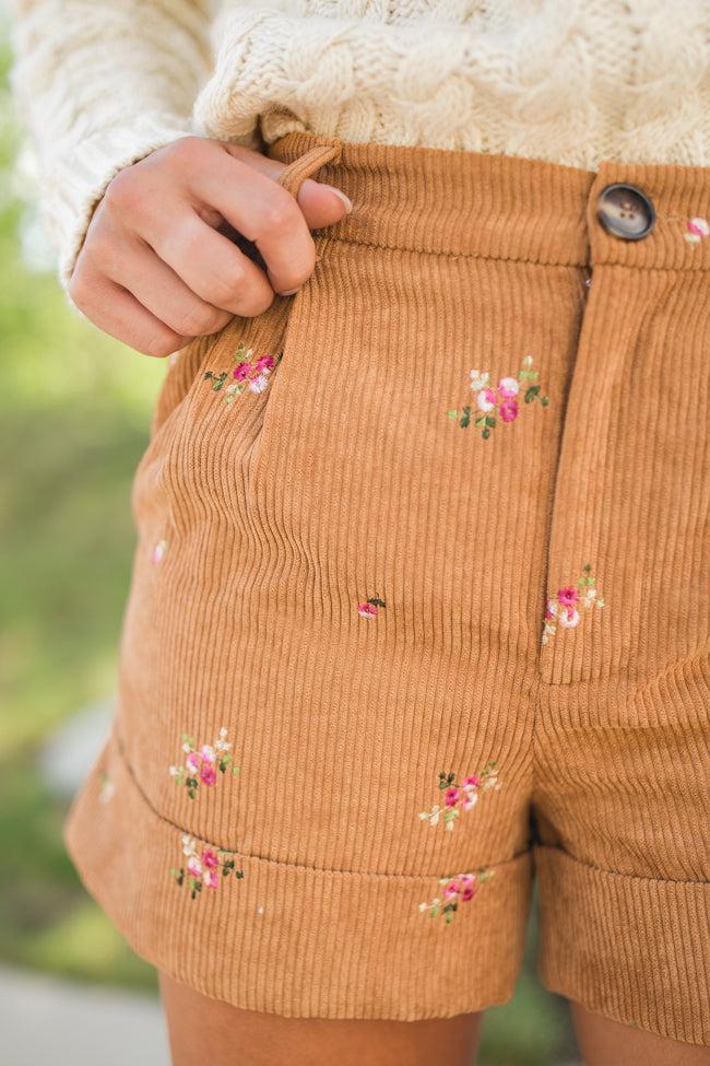 So Glad We're Buds Brown Floral Embroidered Corduroy Shorts FINAL SALE Product Image
