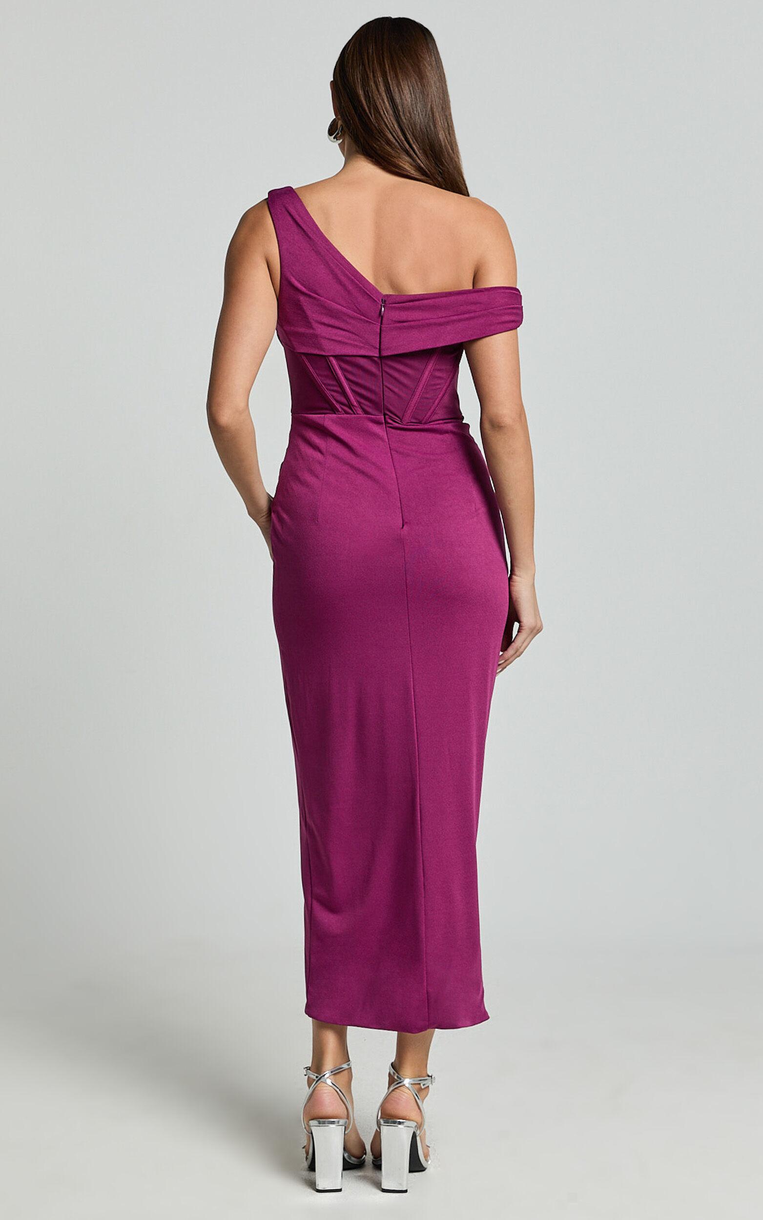 Aidia Midi Dress - Off Shoulder Draped Corset Dress in Plum Product Image