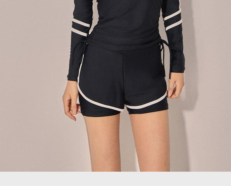 Set: Long-Sleeve Lettering Striped Rash Guard + Contrast Trim Swim Shorts Product Image