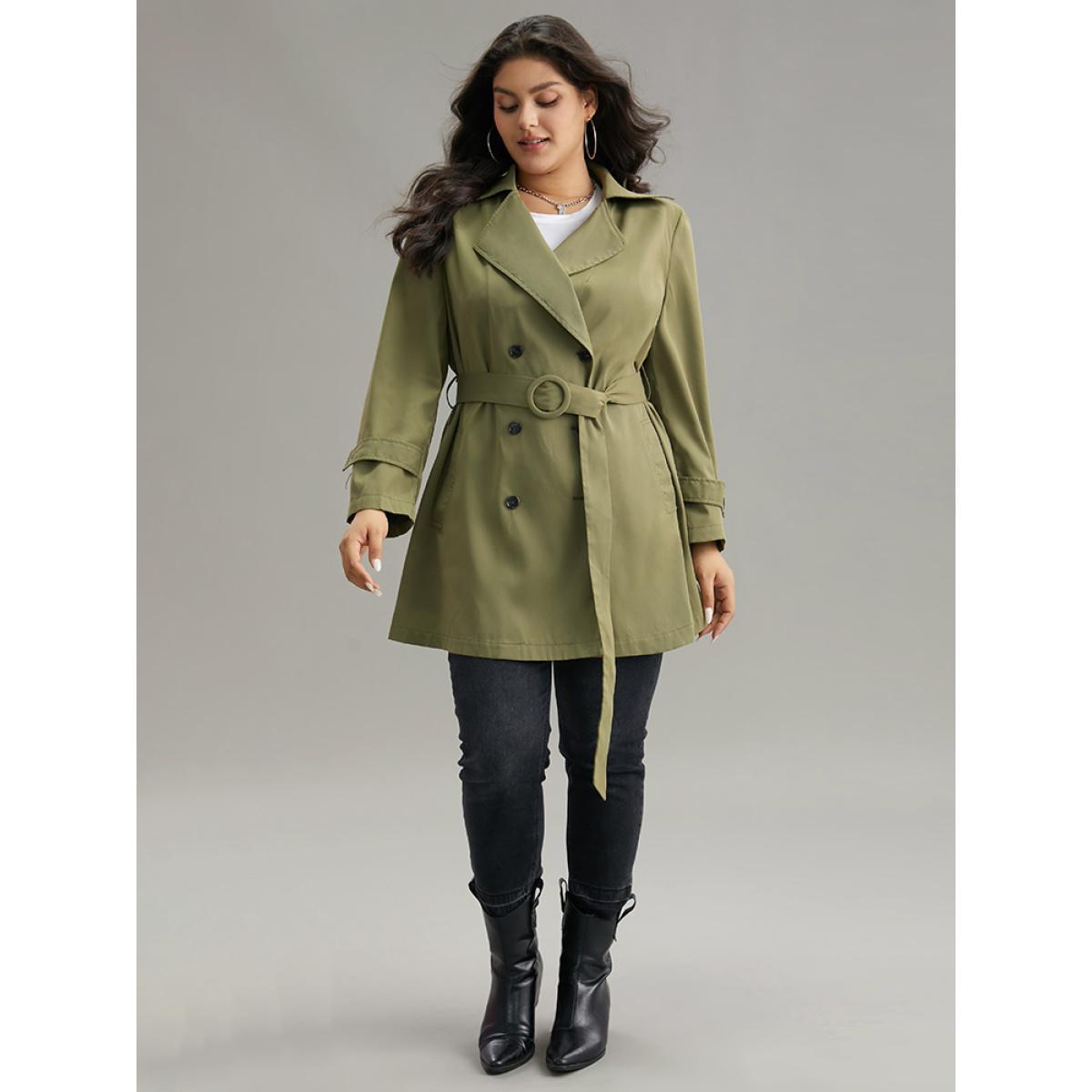 Plus Size Plain Double Breasted Belted Pocket Windbreaker Women ArmyGreen Casual Plain Ladies Dailywear Winter Coats BloomChic 10/M Product Image