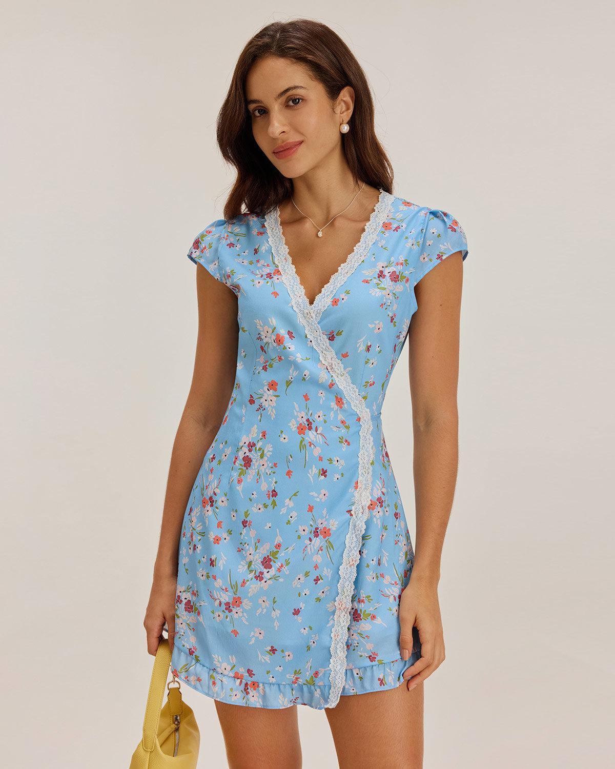 Blue Floral Wrap Mini Dress Product Image