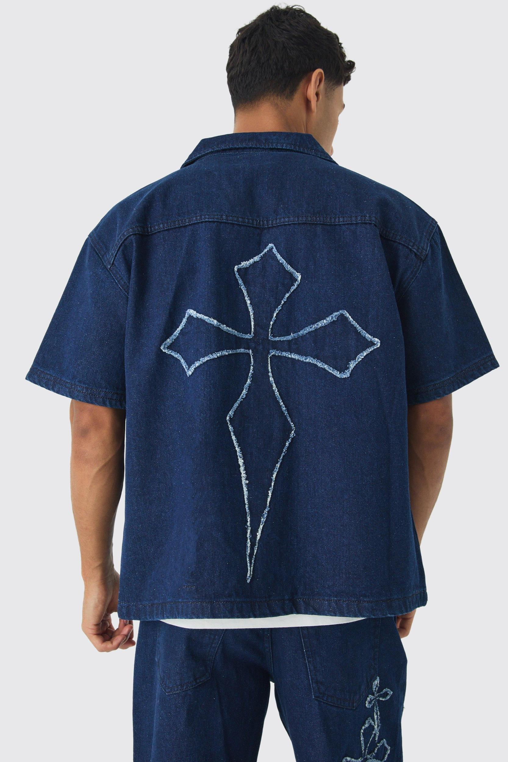 Boxy Revere Raw Edge Denim Cross Applique Shirt | boohooMAN USA Product Image