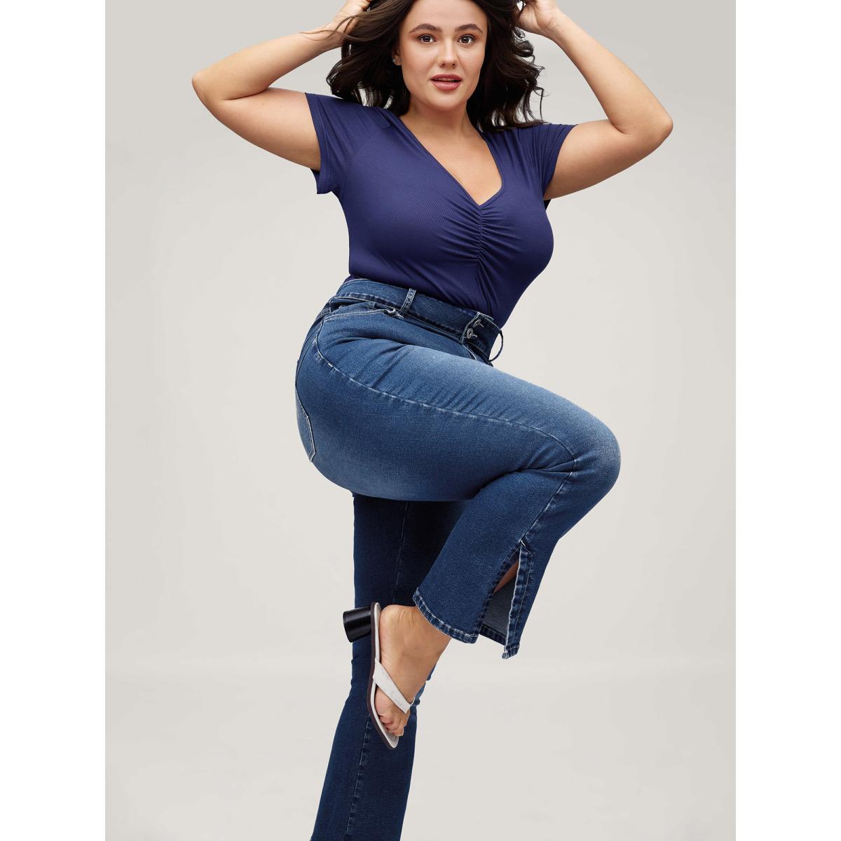 Plus Size Stretch No-Gap Waist Slit Hem Jeans Women Midblue Casual Slit High stretch Slanted pocket Jeans BloomChic 18/2X Product Image
