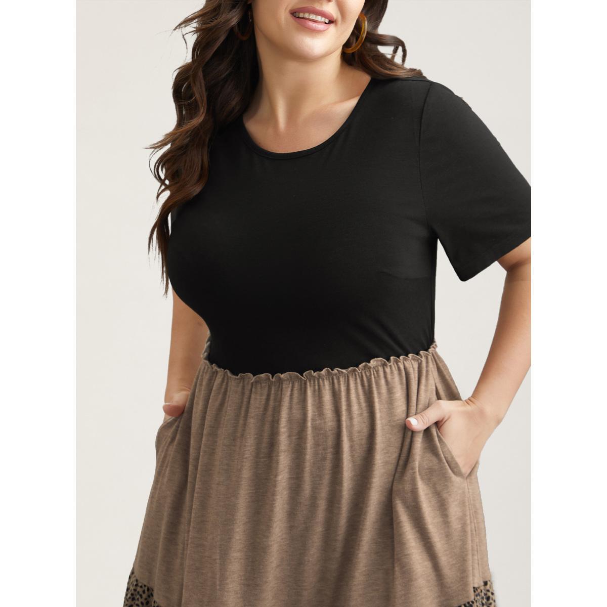 Plus Size Leopard Print Color-Block Pockets Midi Dress Multicolor Women Casual Frill Trim Knit Dresses Bloomchic 18-20/2X Product Image