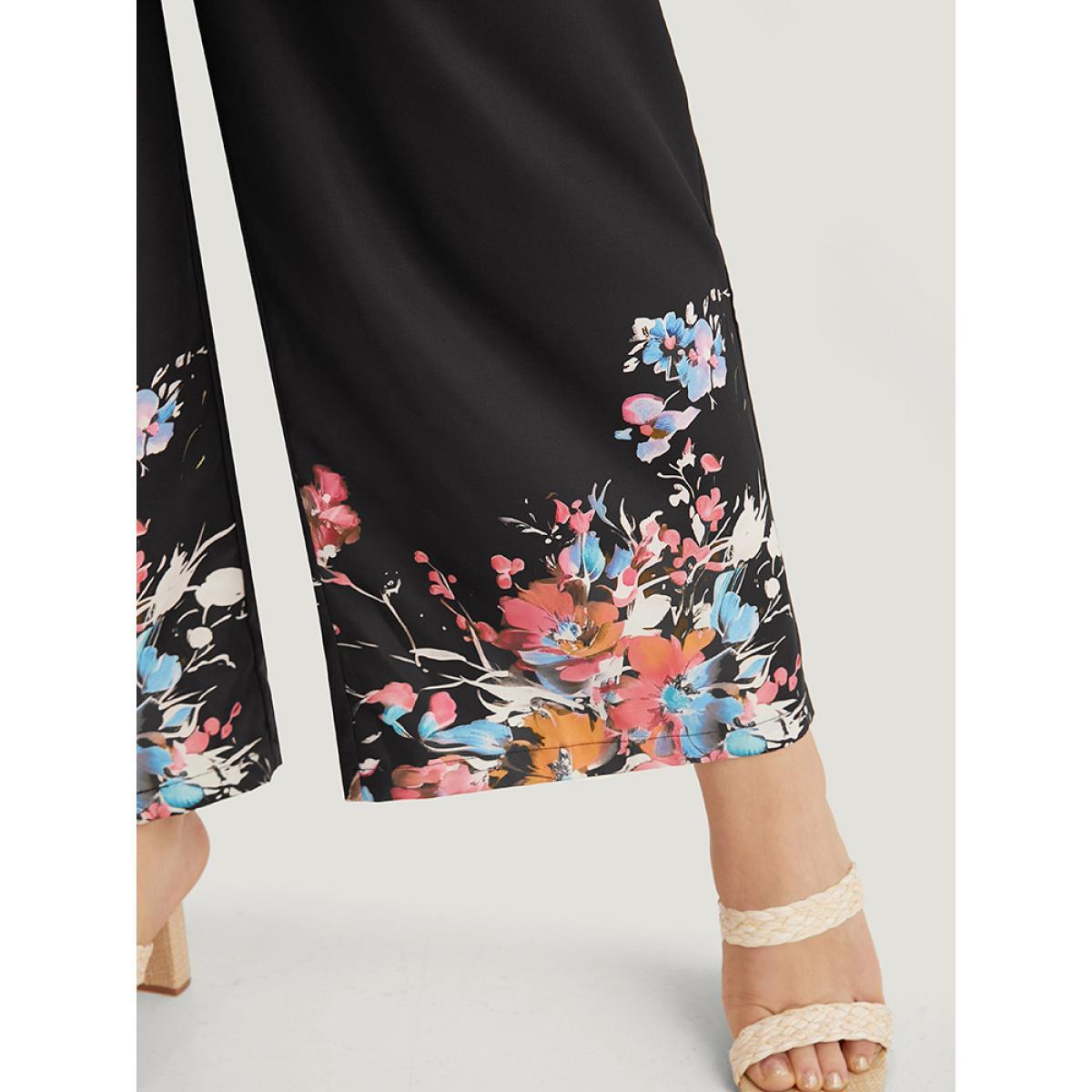 Plus Size Black Boho Print Drawstring Pocket Flutter Sleeve Jumpsuit Women Elegant Elbow-length sleeve V-neck Everyday Loose Jumpsuits BloomChic 18-20/2X Product Image