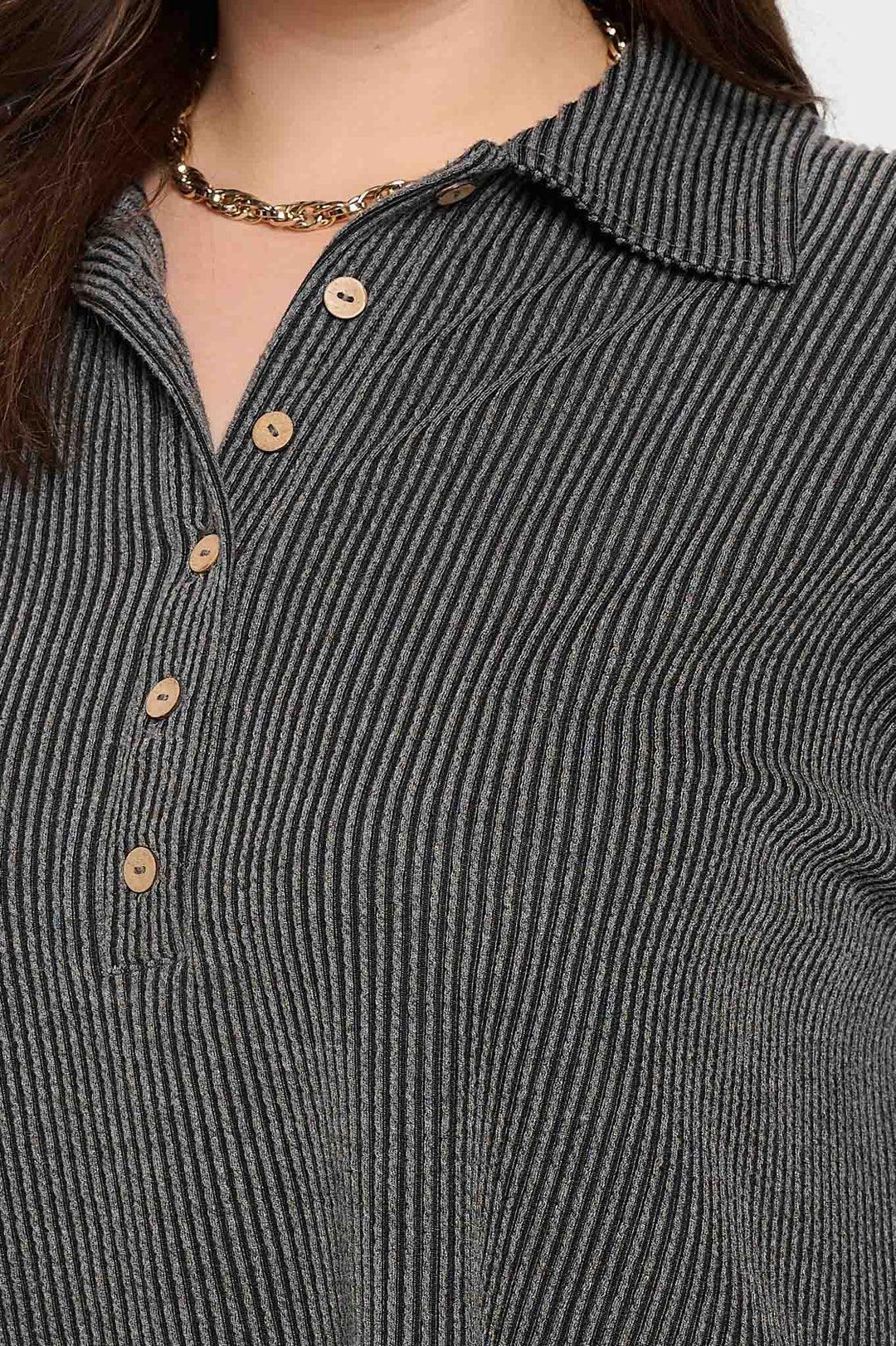 Plus Pinstripe Collared Half Button Knit Top Product Image