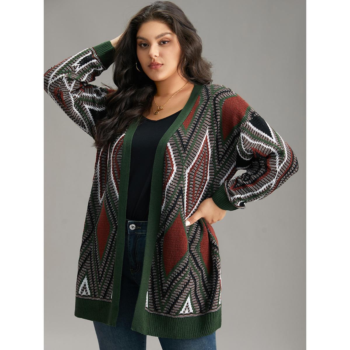 Plus Size Geometric Contrast Open Front Cardigan DarkGreen Women Casual Loose Long Sleeve Dailywear Cardigans BloomChic 22-24/3X Product Image