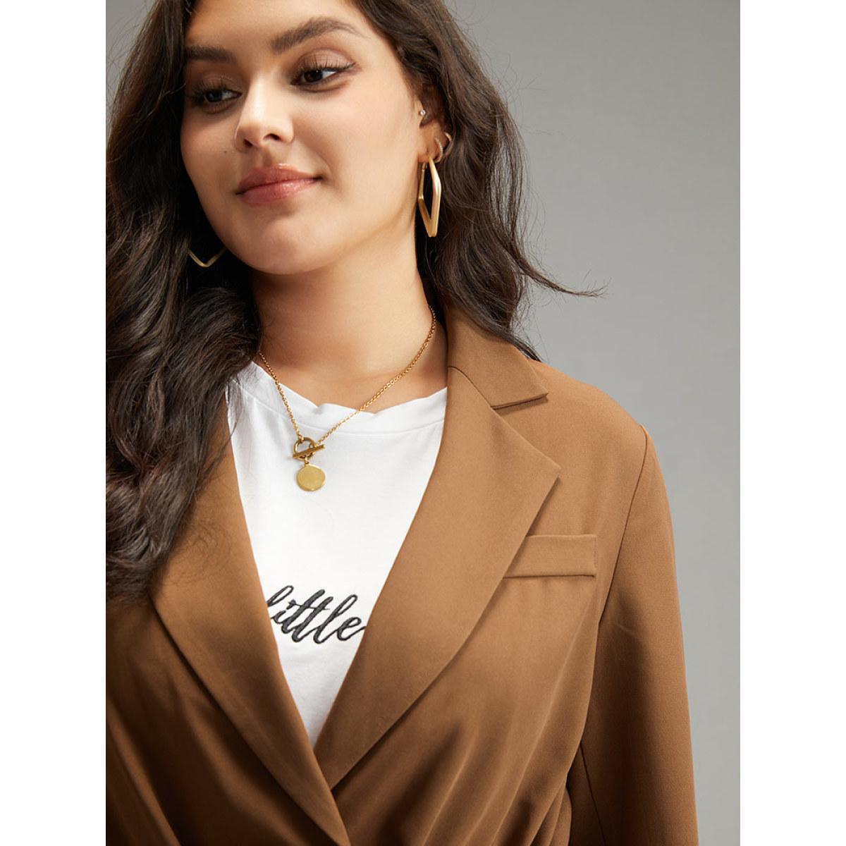 Plus Size Drawstring Flap Pocket Blazer Bronze Women Dailywear Plain Plain Sleeve Long Sleeve Suit Collar 22-24/3X Pocket Casual Blazers BloomChic Product Image