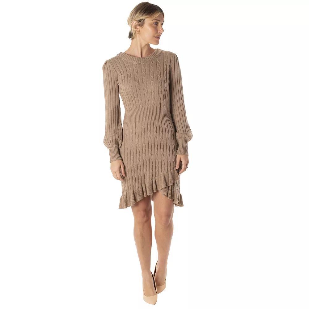 Women's Taylor Ruffled Tulip-Hem Sweaterdress, Size: Large, Brown Product Image