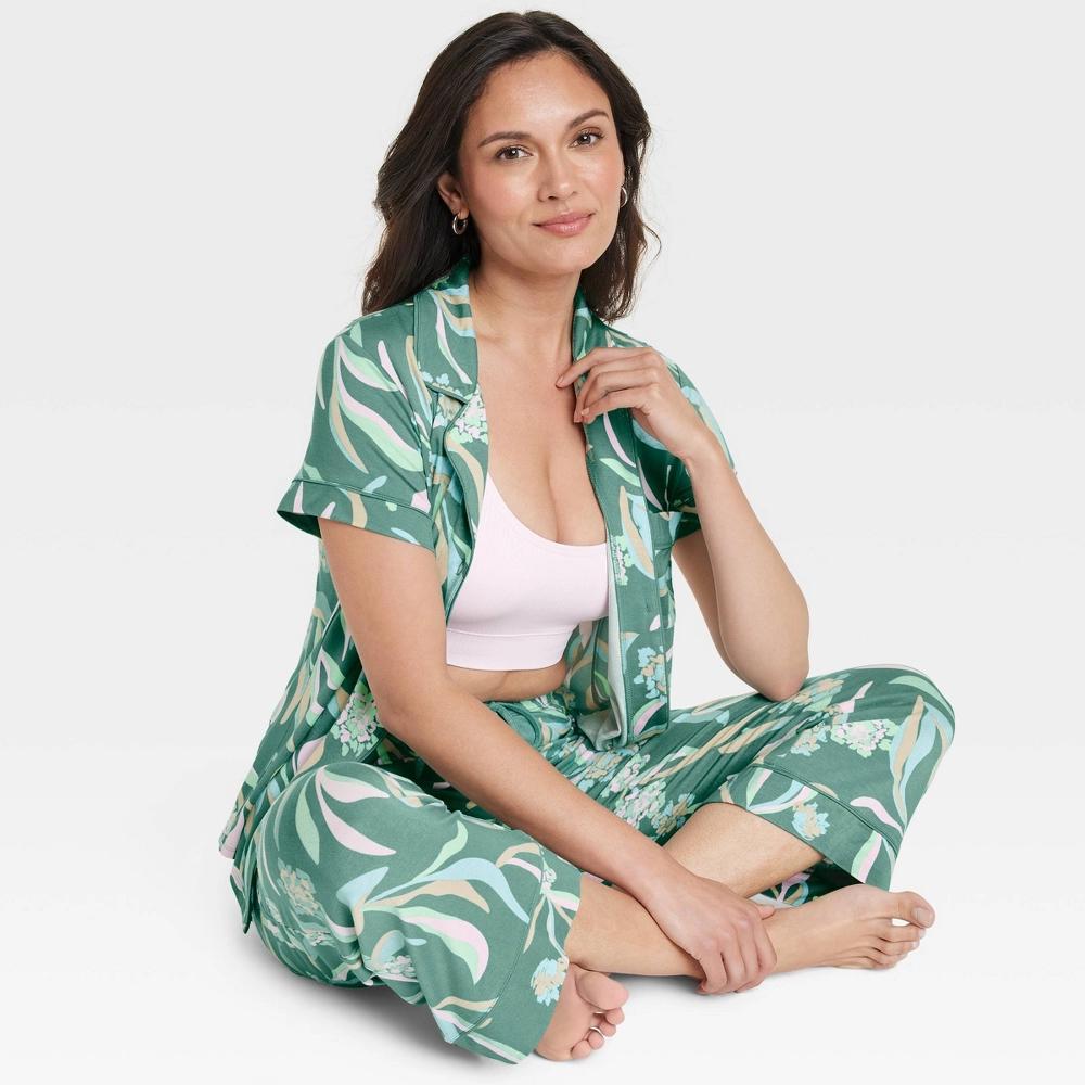 Women's Cloud Knit Short Sleeve Notch Collar Top and Cropped Pants Pajama Set - Auden™ Black M: Modal Spandex Blend Product Image