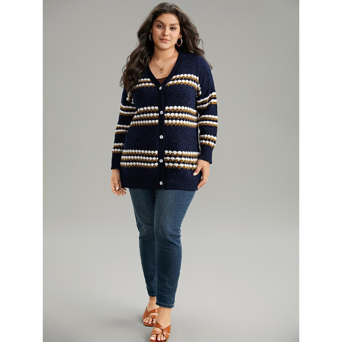 Plus Size Chenille Geo Button Through Cardigan Multicolor Women Casual Loose Long Sleeve Dailywear Cardigans BloomChic 12/L Product Image