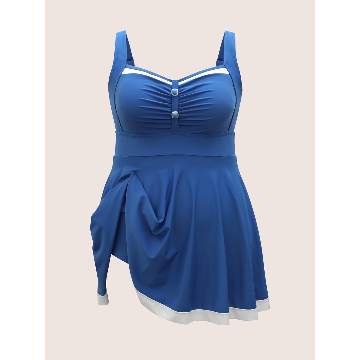 Plus Size Plain Patchwork Ruched Button Detail Swim Dress Women's Swimwear Blue Beach Bodycon Heart neckline High stretch Curve Swim Dresses BloomChic 26/4X Product Image