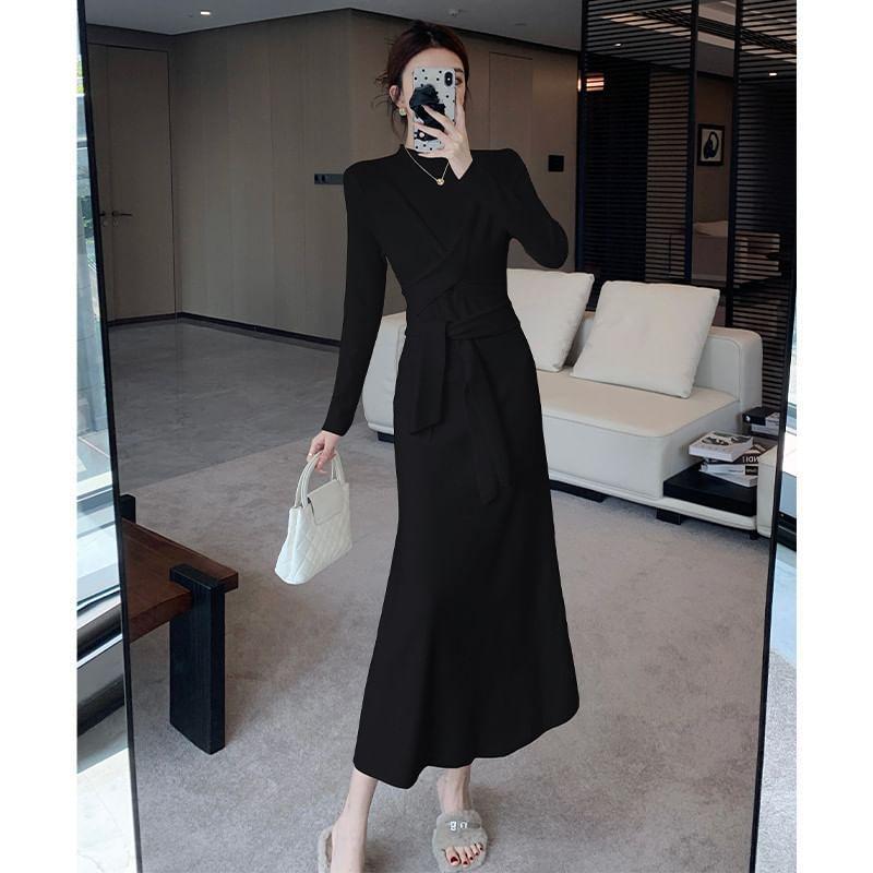Long-Sleeve Mock Neck Plain Sashed Midi A-Line Knit Dress Product Image