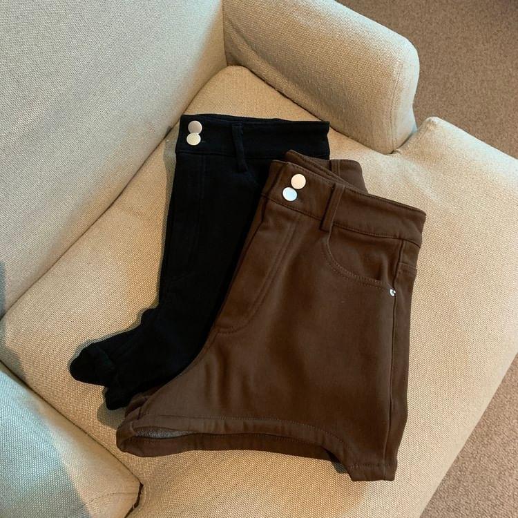 High Waist Plain Asymmetrical Denim Hot Pants Product Image