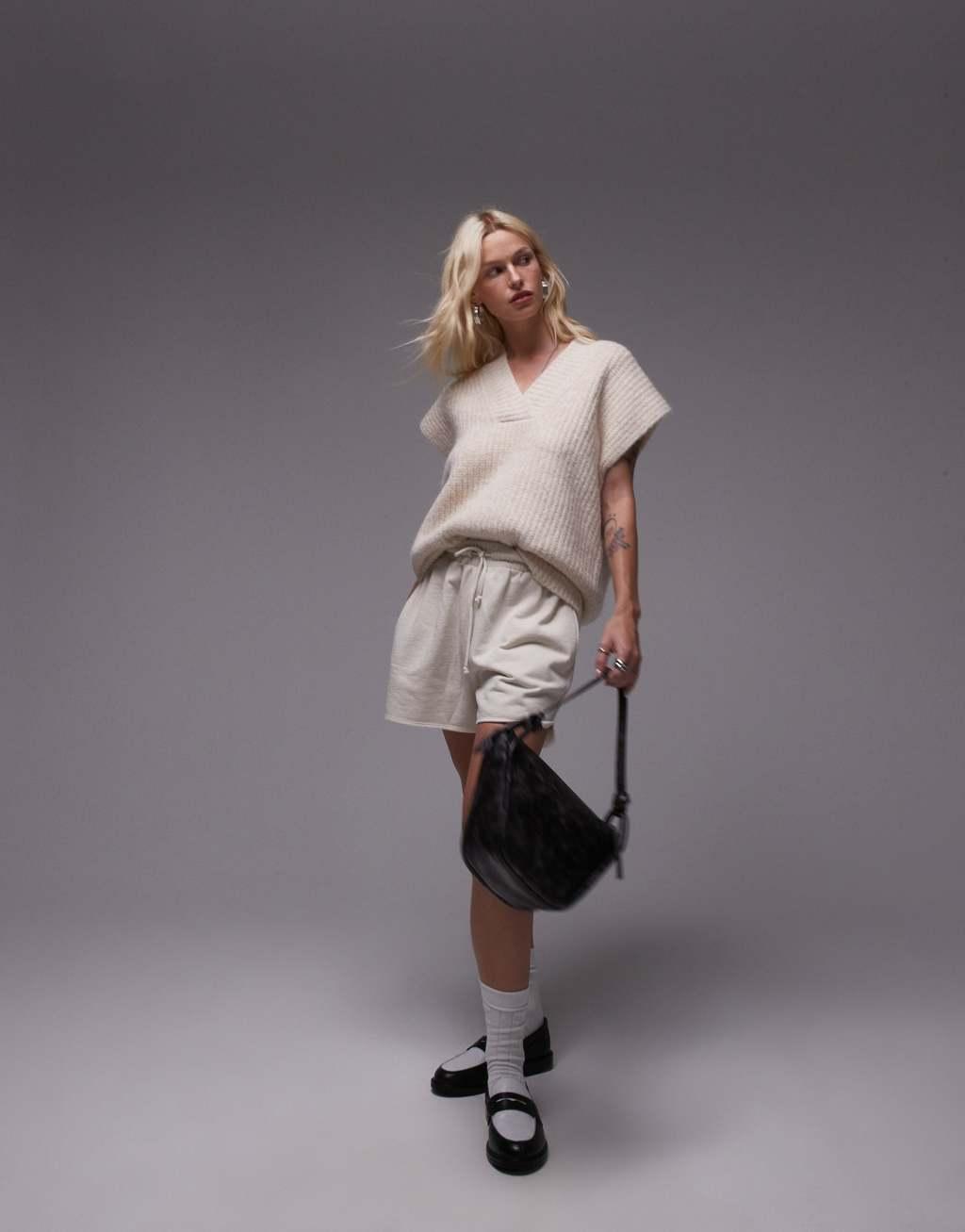 Topshop knit V-neck relaxed fluffy ribbed tank top in oat Product Image