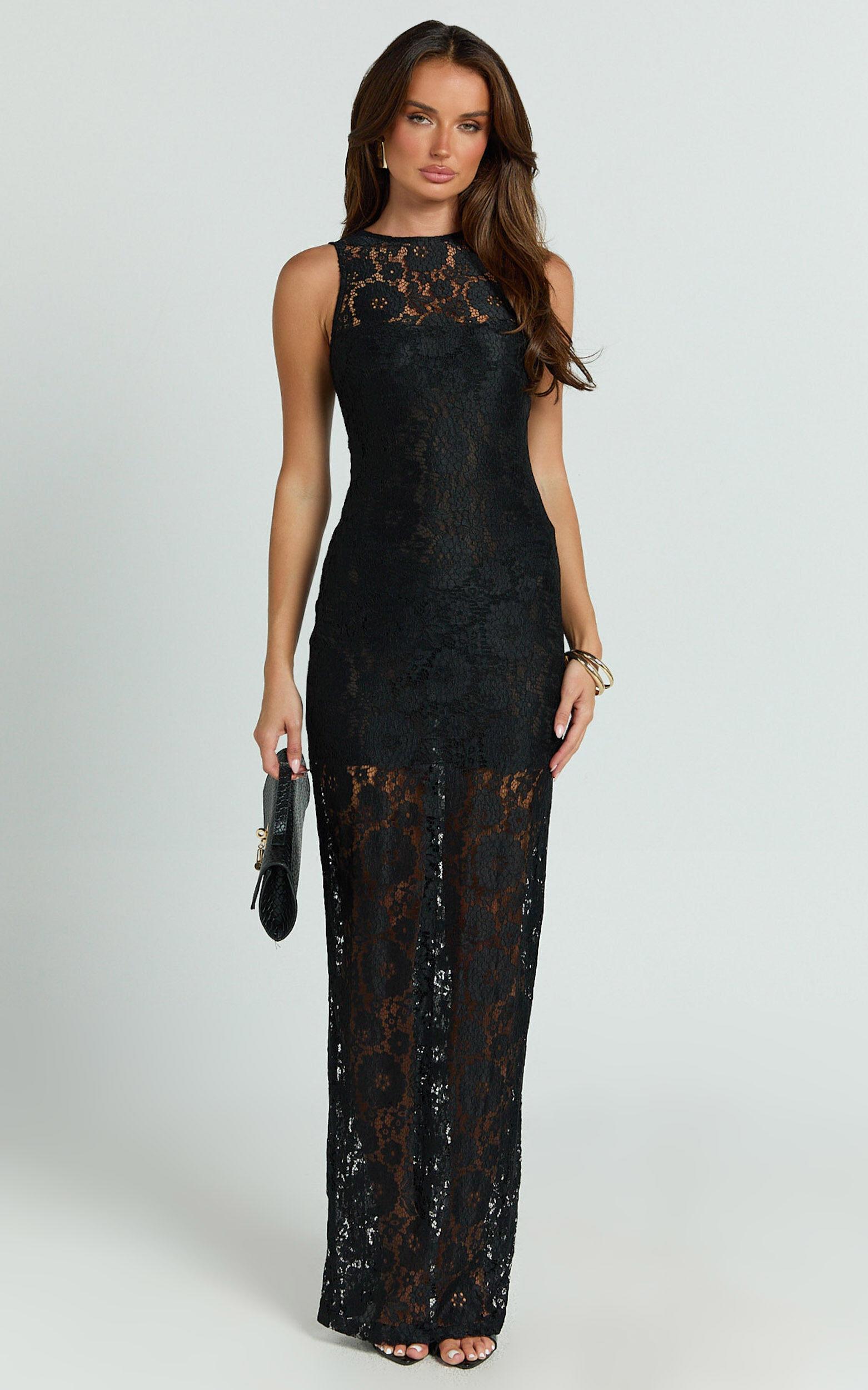 Rimona Maxi Dress - Lace High Neck Bodycon Dress in Black Product Image
