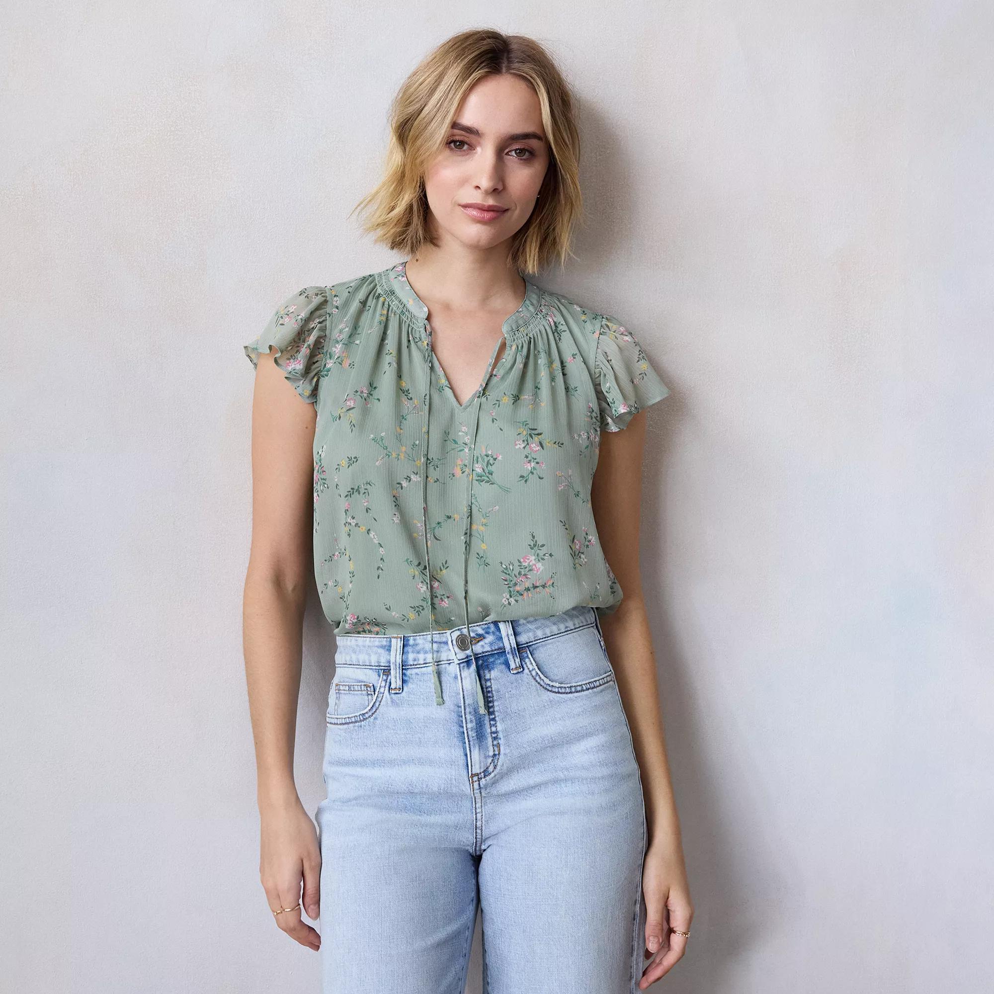 Petite LC Lauren Conrad Tie Front Ruffle V-Neck Shell Top, Women's, Size: Small Petite, Green Fleurs Astrid Product Image