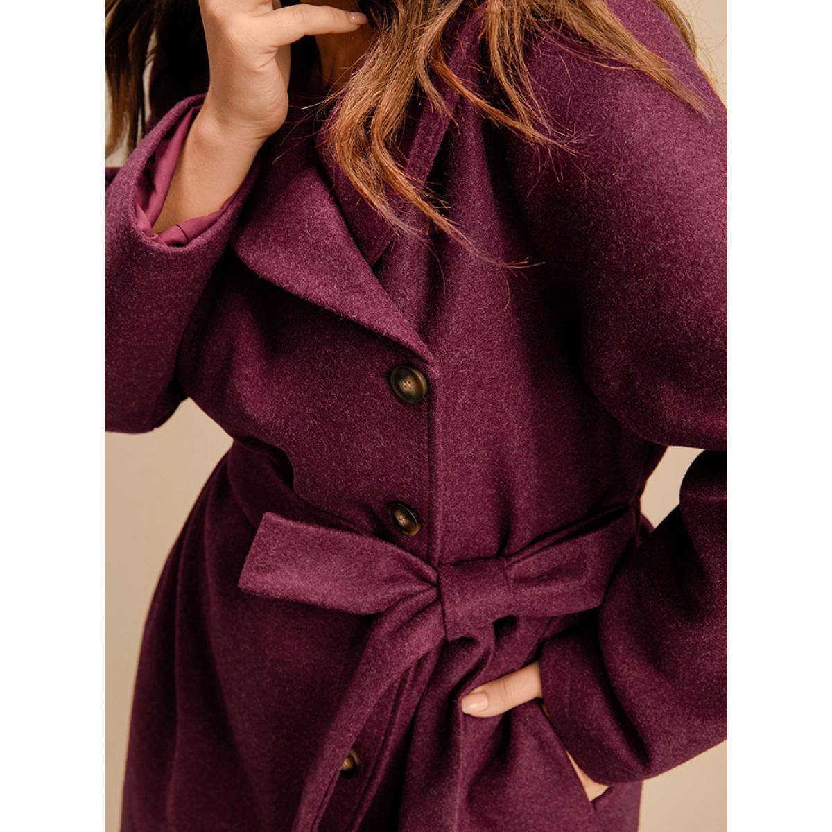 Plus Size Solid Foldover Collar Pocket Asymmetrical Hem Belted Coat Women Burgundy Elegant Cross straps Ladies Dailywear Winter Coats BloomChic 12/L Product Image