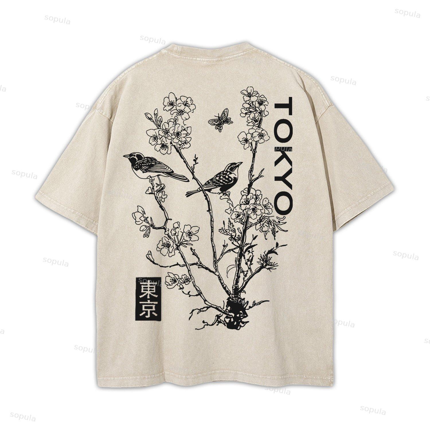 Japan Style Insect Bird Floral Print Acid Washed T-shirt Product Image
