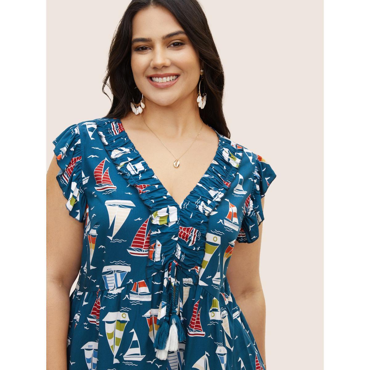 Plus Size Aegean Boai Print Frill Trim Tassel Cap Sleeve Blouse Women Resort Cap Sleeve V-neck Vacation Blouses BloomChic 26/4X Product Image
