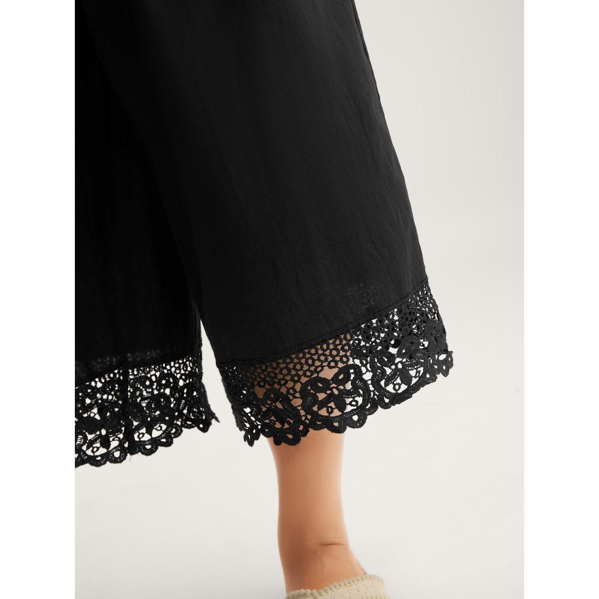 Plus Size Cotton Scalloped Lace Hem Wide-Leg Pants Women Black Resort Wide Leg Mid Rise Vacation Pants BloomChic 18-20/2X Product Image