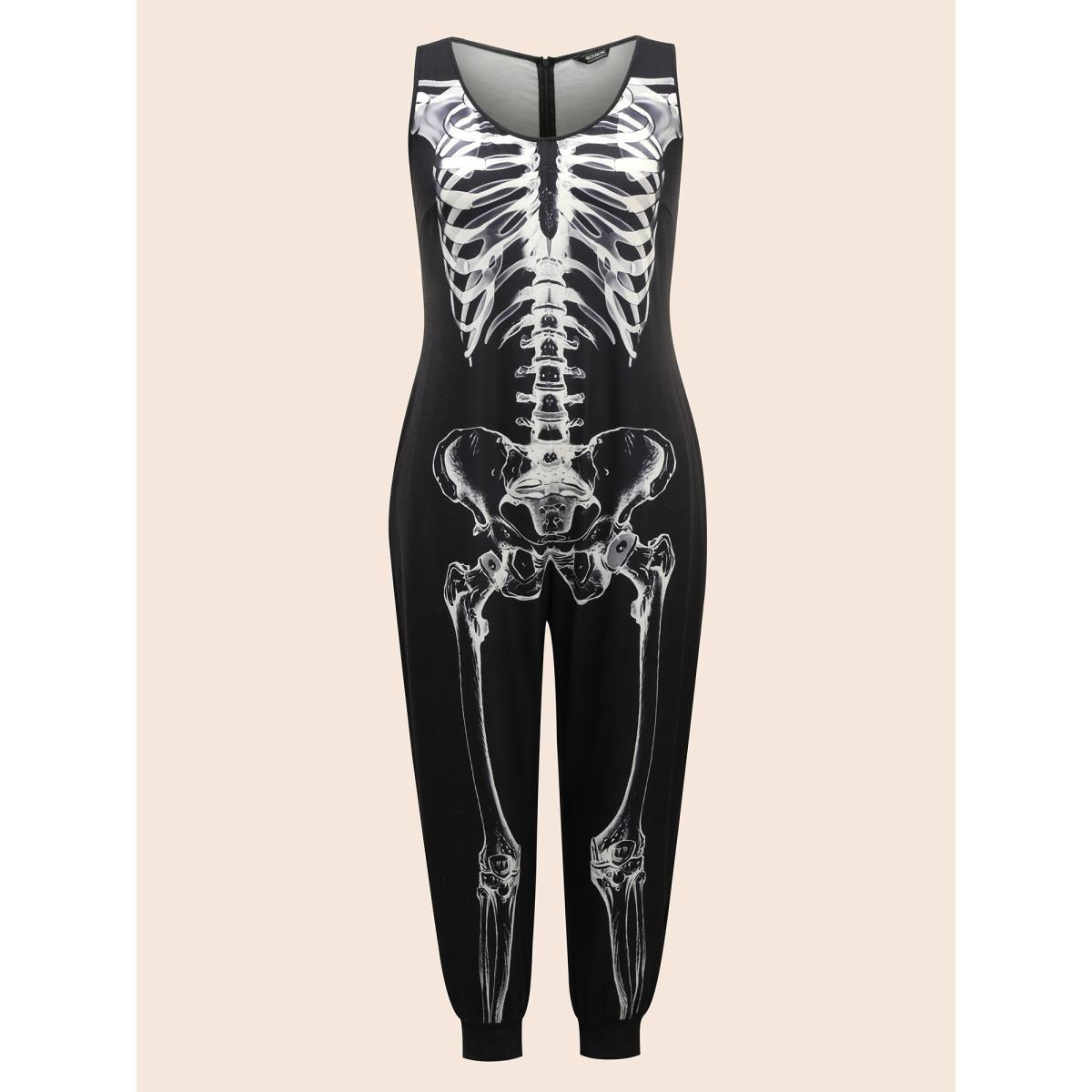 Plus Size Black Skeleton Printed Off-Sleeves Jumpsuit Women Cocktail Sleeveless U-neck Party Loose Jumpsuits BloomChic 10/M Product Image