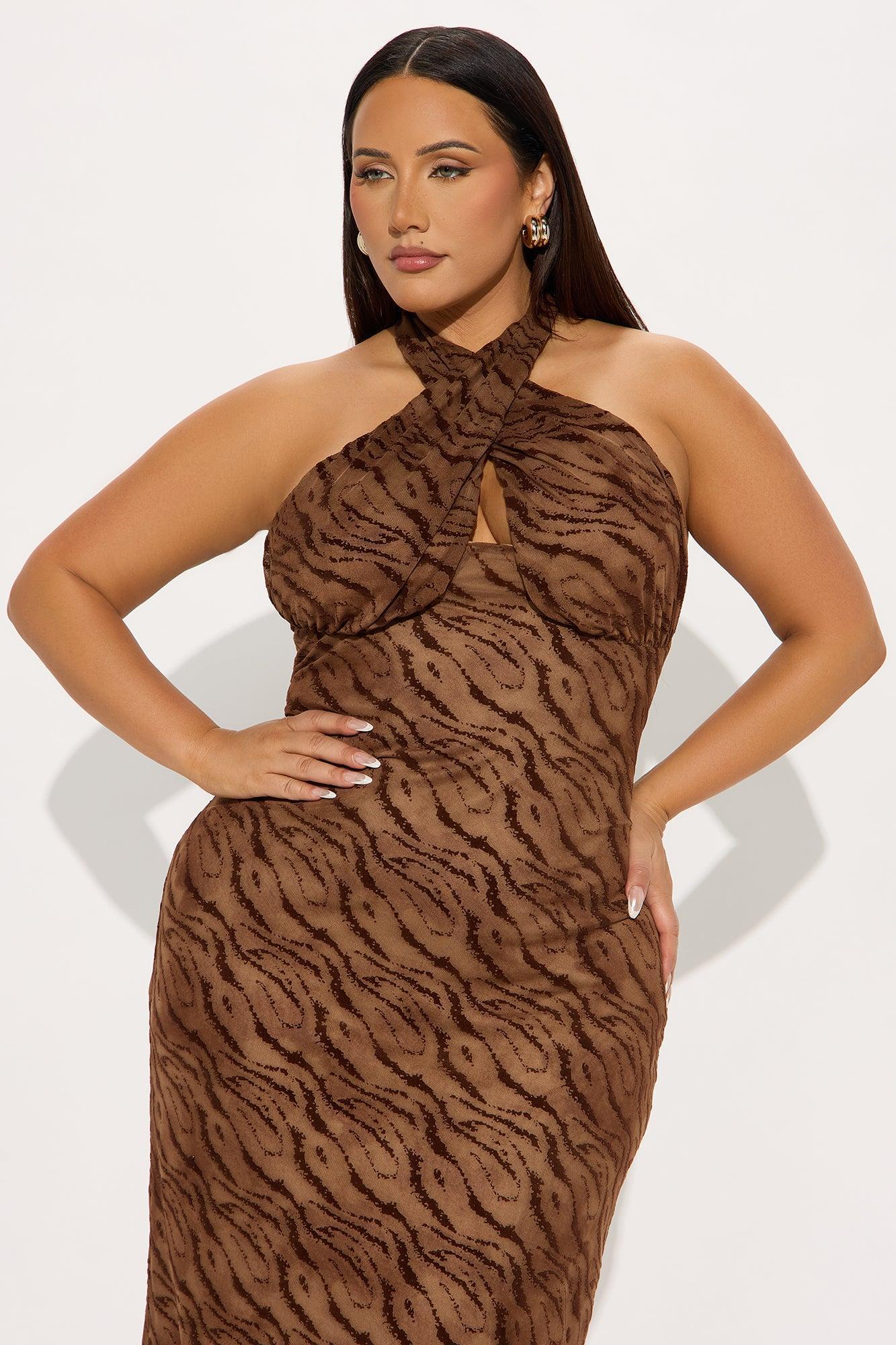 Hot Attraction Zebra Print Mesh Midi Dress - Brown Product Image