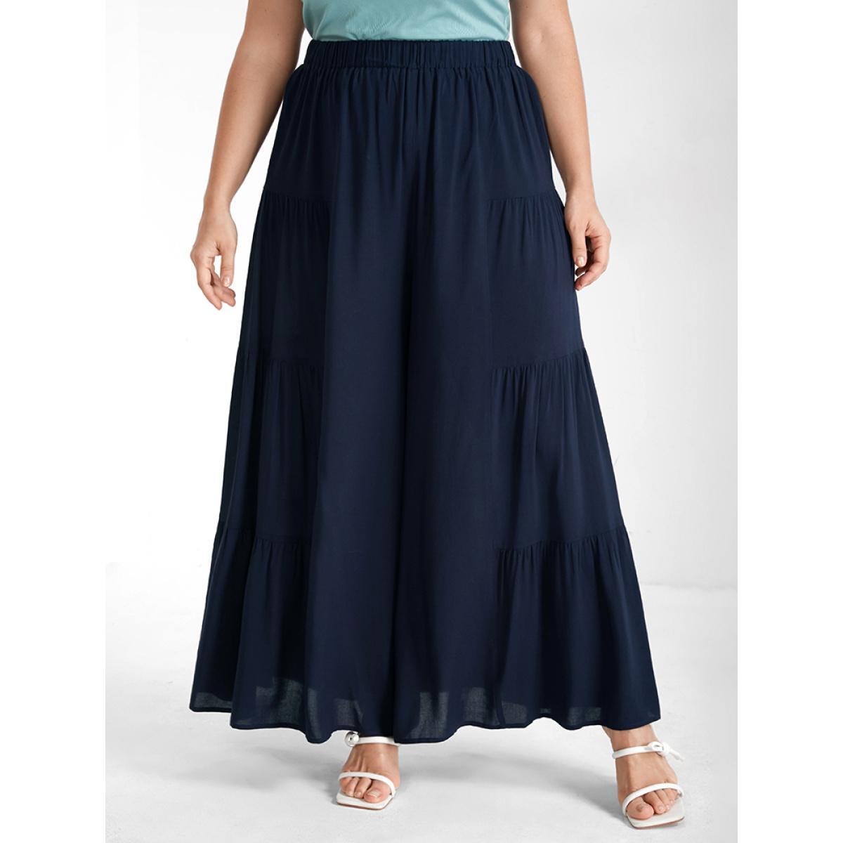 Plus Size High Waisted Chiffon Wide Leg Pants Women DarkBlue Casual Loose High Rise Dailywear Pants BloomChic 22-24/3X Product Image