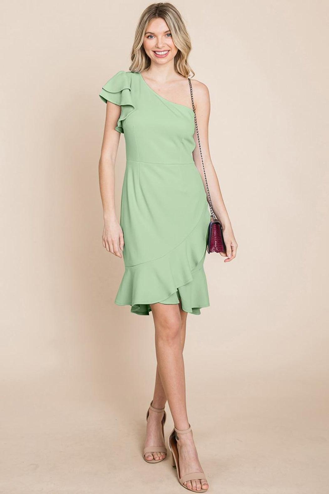Ruffle One Shoulder Asymmetrical Hem Dress Product Image
