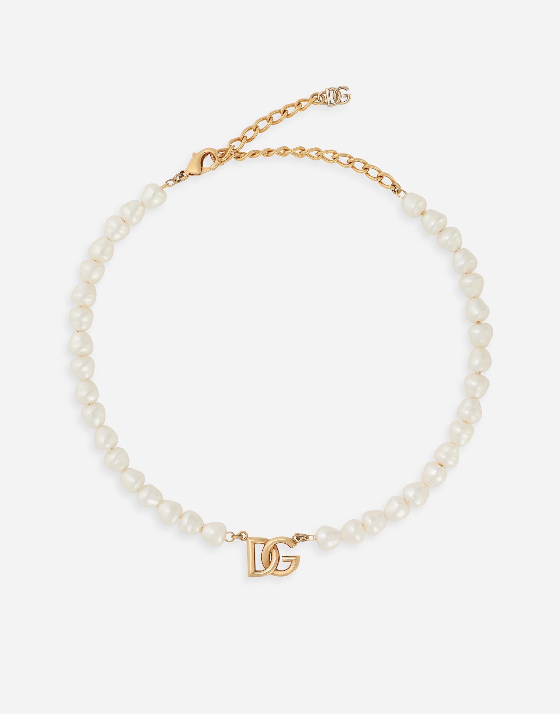 DOLCE & GABBANA Link Necklace With Pearls And Dg Logo In Gold Product Image