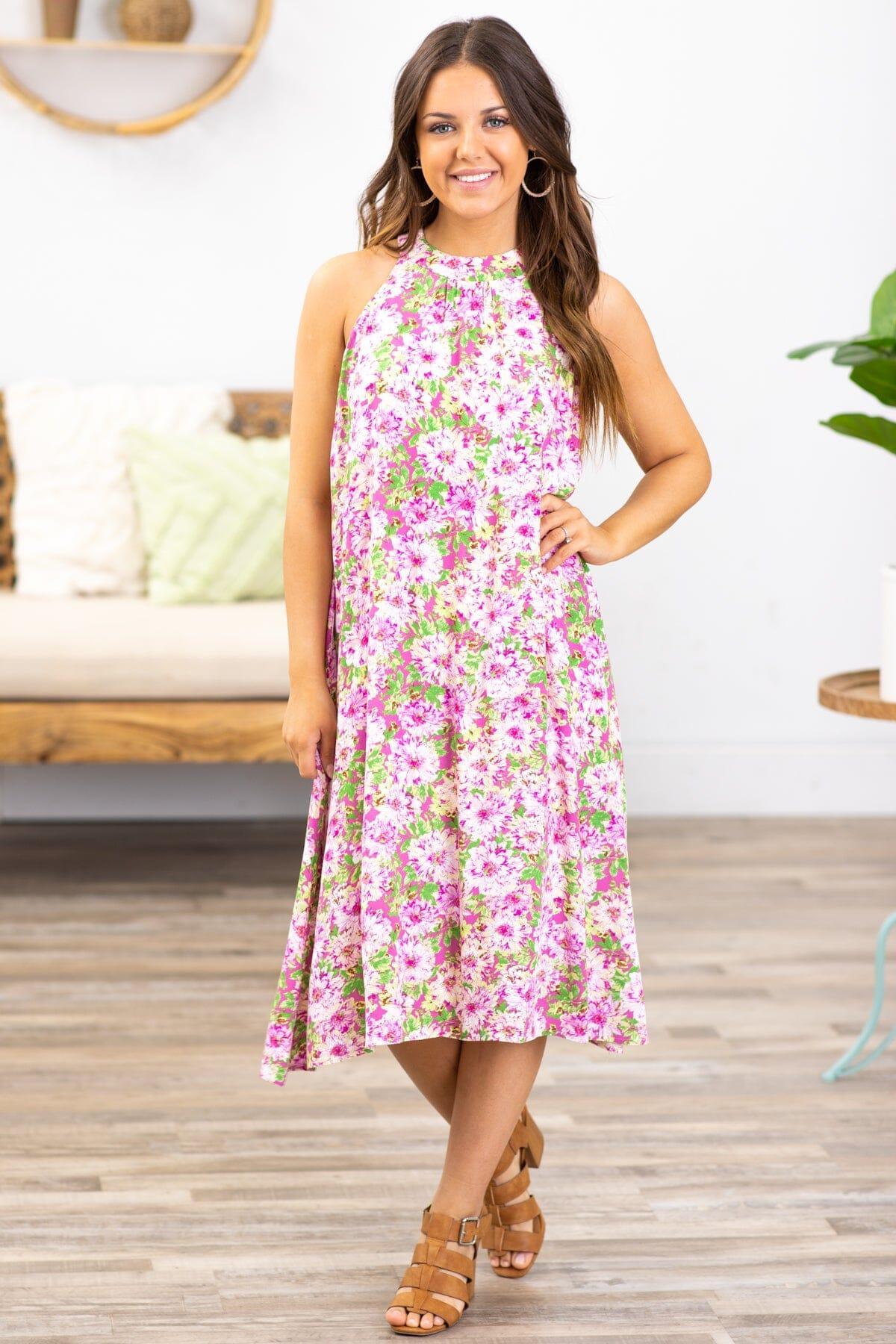 Orchid and Green Floral Halter Neck Dress Product Image