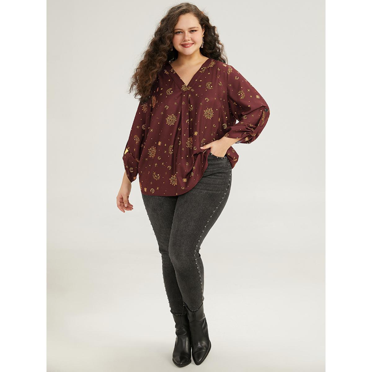 Plus Size Scarlet Halloween Moon & Star Print Pleated Tab Sleeve Blouse Women Elegant Elbow-length sleeve V-neck Festival-Halloween Blouses BloomChic 10/M Product Image